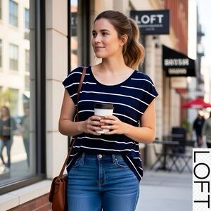 LOFT Women's Navy and White Striped Tee
